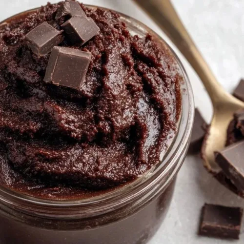 Healthy edible brownie batter in a bowl, perfect for guilt-free indulgence.