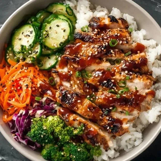 Healthy sticky chicken bowls with colorful vegetables and sauce