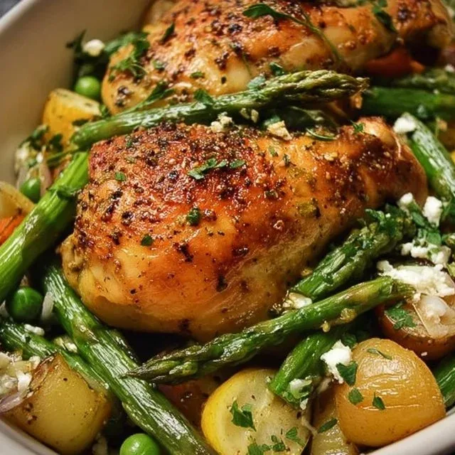 Herb Roasted Chicken served with vibrant spring vegetables on a plate