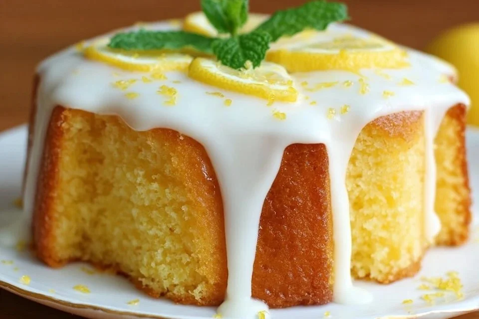 Homemade lemon cake topped with fresh lemon slices and icing
