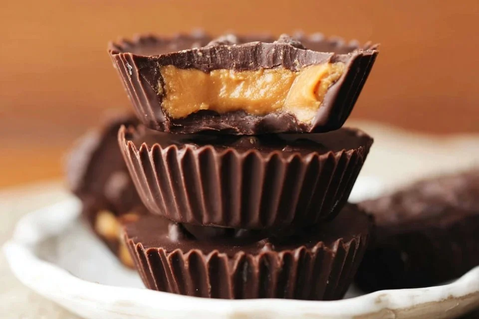 A plate of homemade peanut butter cups with chocolate coating
