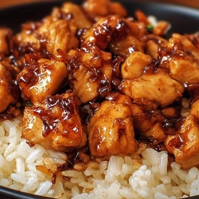 Honey BBQ Chicken served over fluffy rice for a delicious meal.