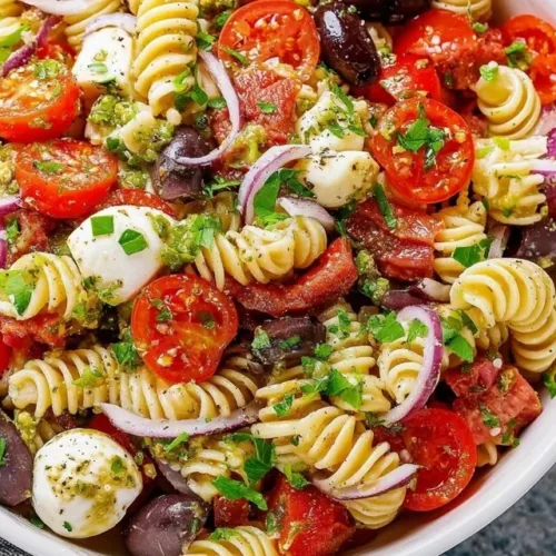Colorful Italian Dressing Pasta Salad with vegetables and pasta.