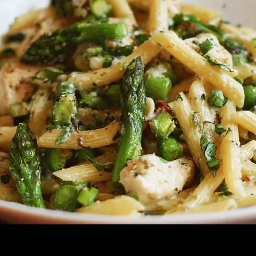 Lemon Chicken Pasta with asparagus served in a bowl