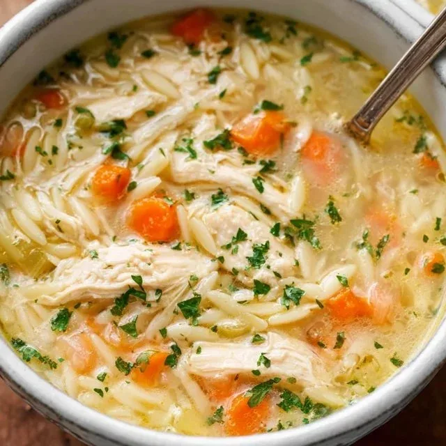 Bowl of Lemon Chicken Orzo Soup garnished with fresh herbs and lemon slices