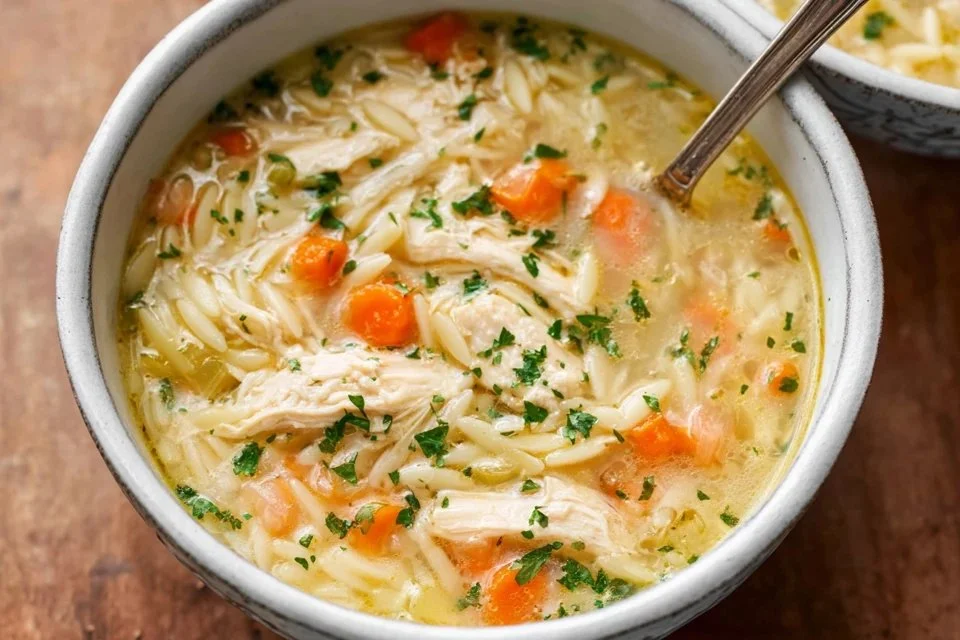 Bowl of Lemon Chicken Orzo Soup garnished with fresh herbs and lemon slices