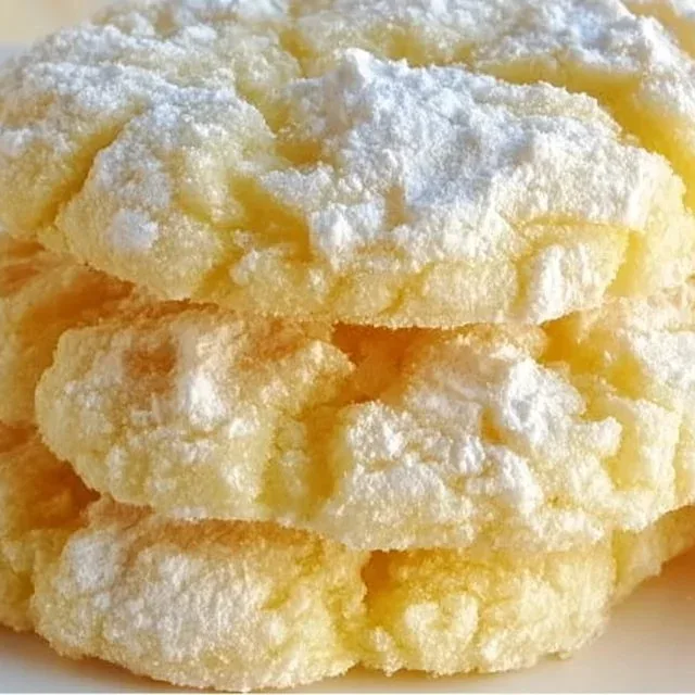 A plate of freshly baked Lemon Gooey Butter Cookies, dusted with powdered sugar.
