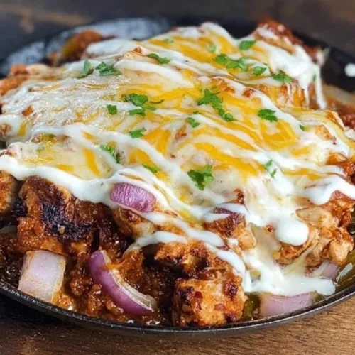 Plate of loaded Mexican chicken with chorizo, topped with fresh ingredients.