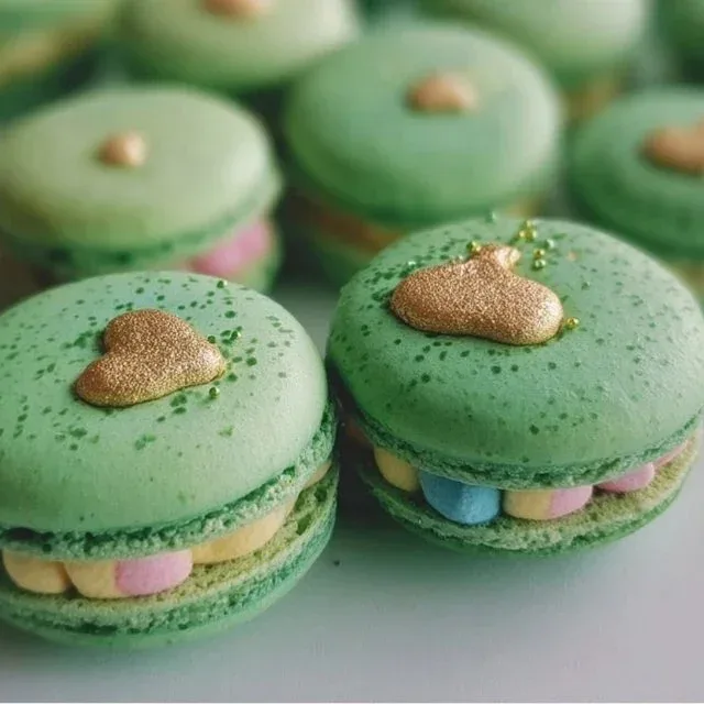 Colorful Lucky Charms Macarons decorated with cereal pieces