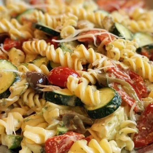 Delicious Olive Garden pasta salad with vibrant vegetables and dressing