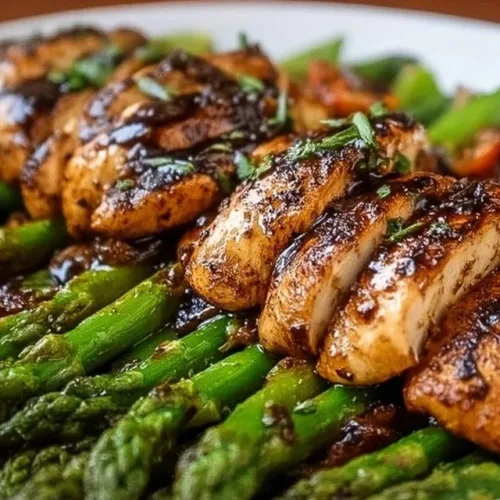 One-Pan Balsamic Chicken with Asparagus ready to serve