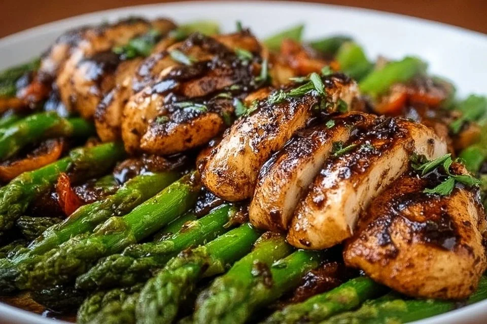 One-Pan Balsamic Chicken with Asparagus ready to serve