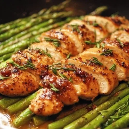 Delicious one-pan chicken and asparagus dish prepared for easy meals