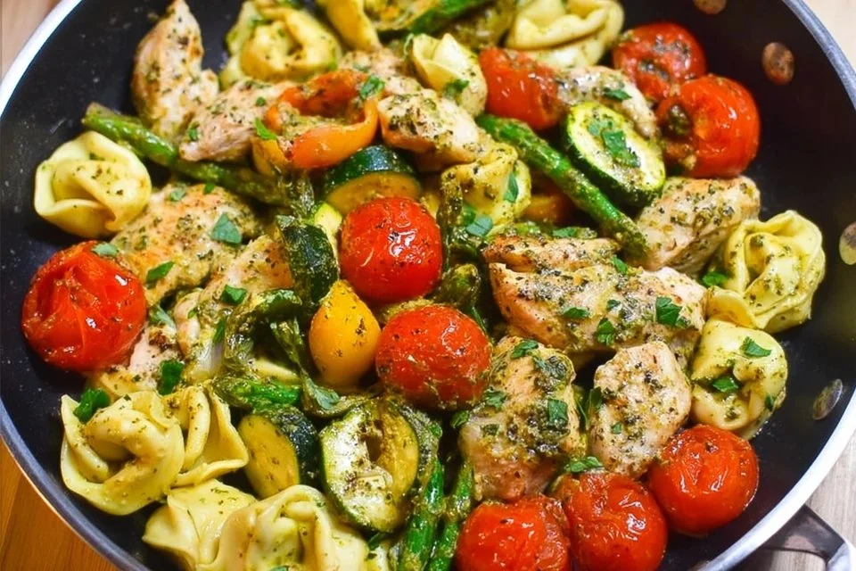 One-Pan Pesto Chicken with Tortellini and Veggies - Quick and Delicious Meal
