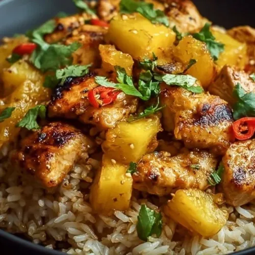 Delicious one-pan pineapple chicken served with fluffy rice.
