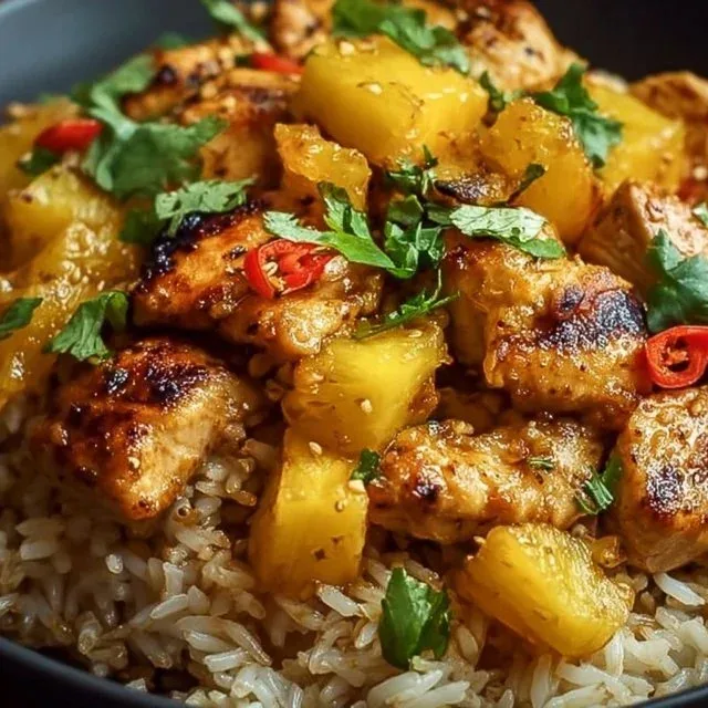 Delicious one-pan pineapple chicken served with fluffy rice.