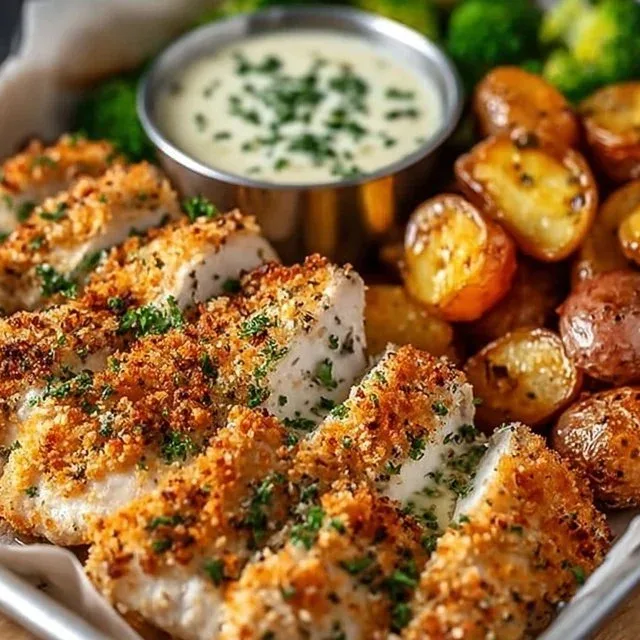 Parmesan Crusted Chicken on a sheet pan with vegetables
