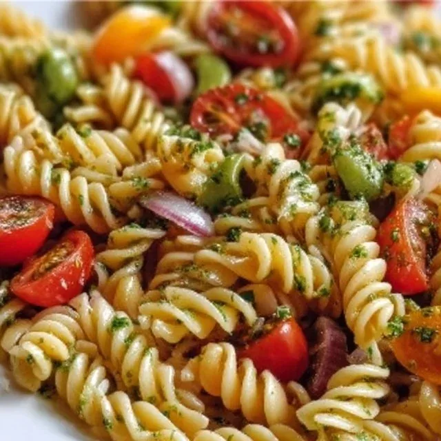 Colorful and fresh pasta salad with vegetables and dressing served in a bowl