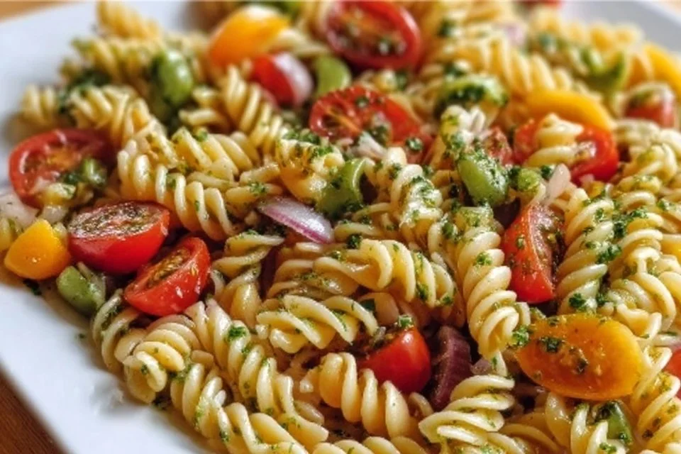 Colorful and fresh pasta salad with vegetables and dressing served in a bowl