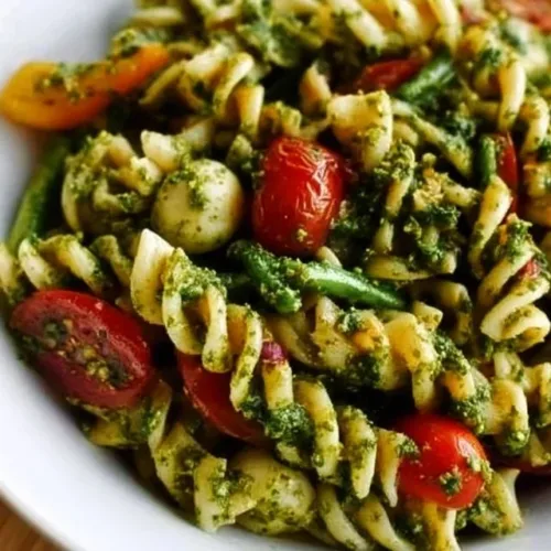 Delicious pesto pasta salad with fresh vegetables and herbs