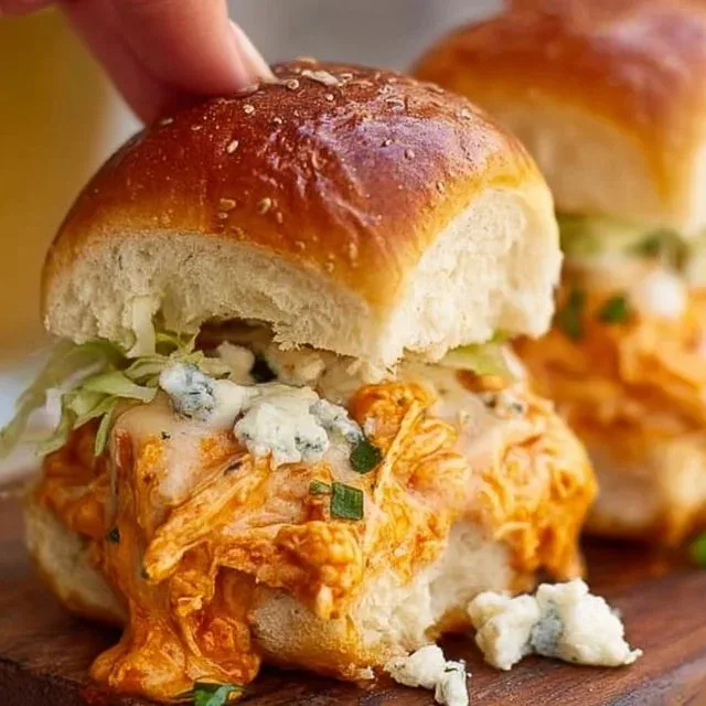 Plate of mouthwatering Buffalo chicken sliders topped with fresh ingredients