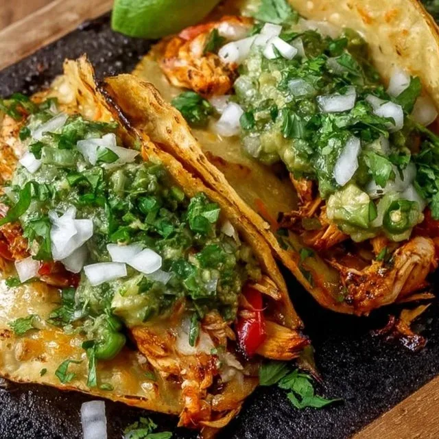 Poblano Chicken Tacos with Avocado Jalapeño Salsa on a platter