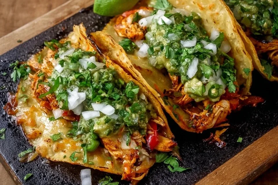 Poblano Chicken Tacos with Avocado Jalapeño Salsa on a platter
