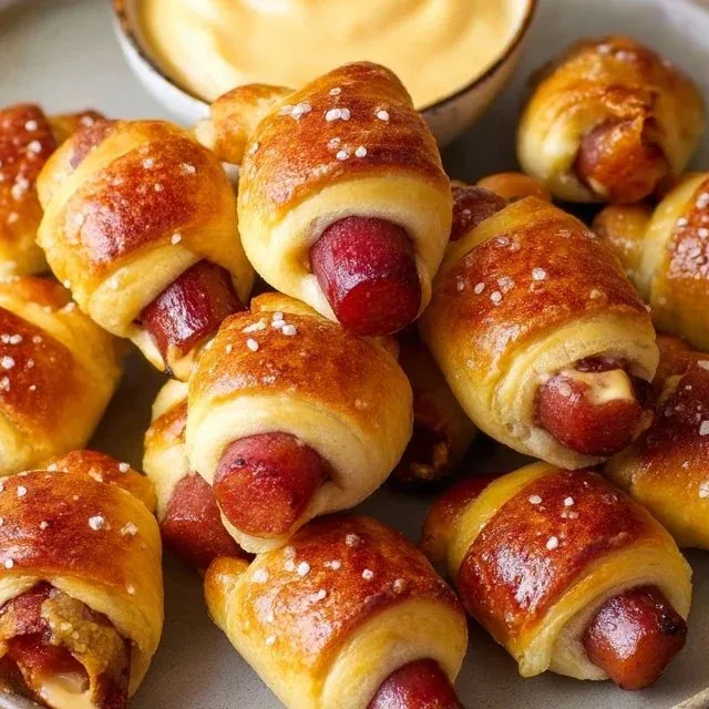 Pretzel pigs in a blanket with beer cheese dip on a serving platter
