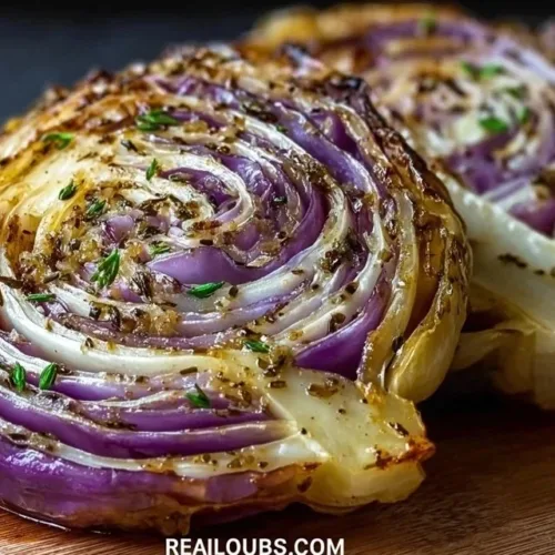 Delicious roasted cabbage steaks on a plate, garnished and ready to eat.