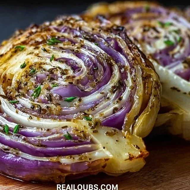 Delicious roasted cabbage steaks on a plate, garnished and ready to eat.