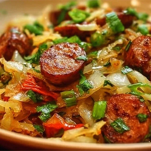 Sizzling Sausage and Cabbage Stir Fry in a colorful skillet