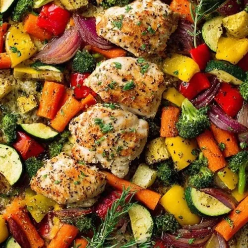 Sheet Pan Chicken with colorful rainbow vegetables ready to serve.
