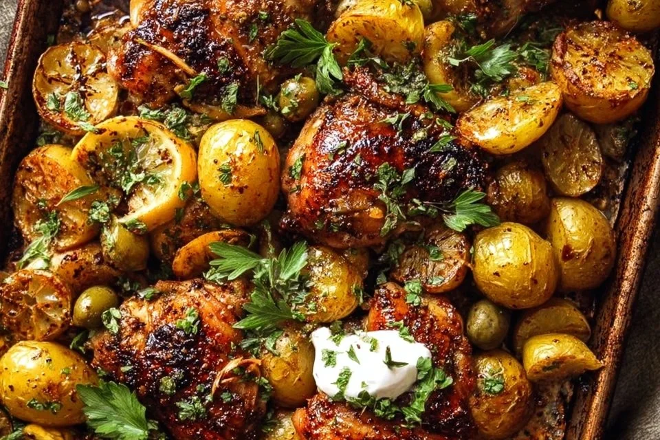 Sheet pan with lemon balsamic chicken and roasted potatoes