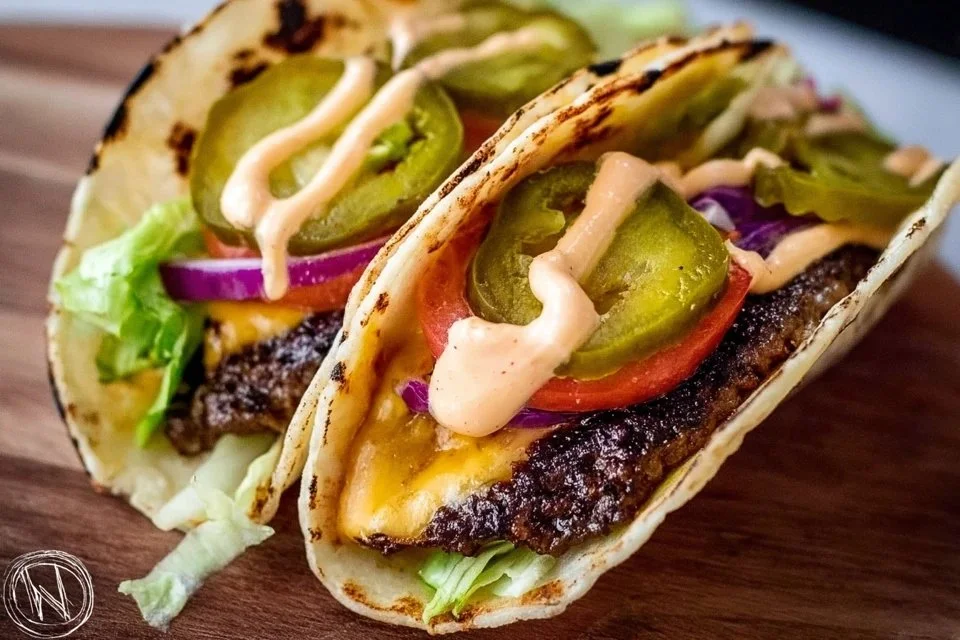 Smash Burger Tacos served with fresh toppings and savory beef patties.