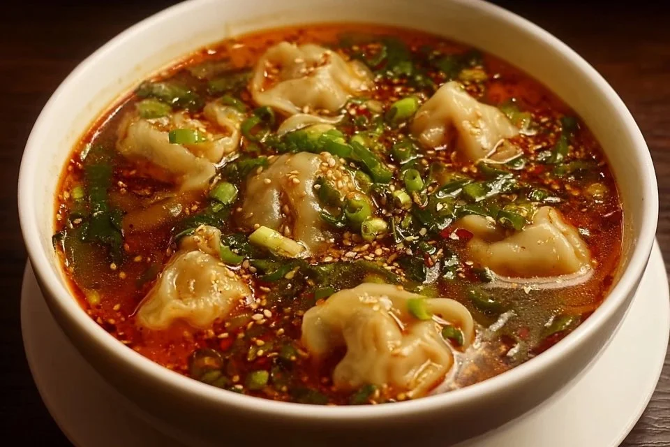 Bowl of spicy dumpling soup with steaming broth and vibrant toppings.