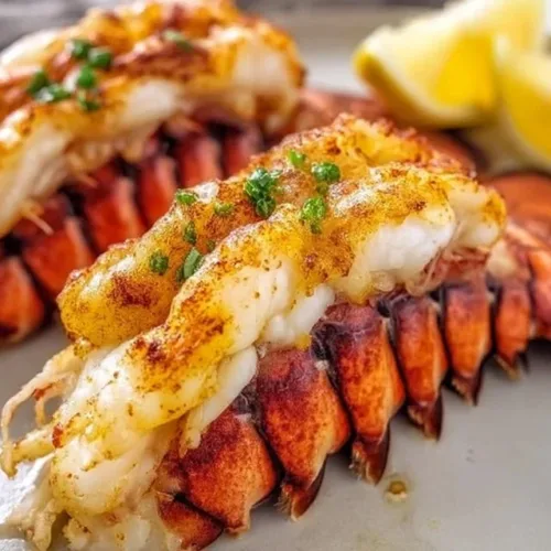Deliciously baked lobster tails garnished and ready to serve