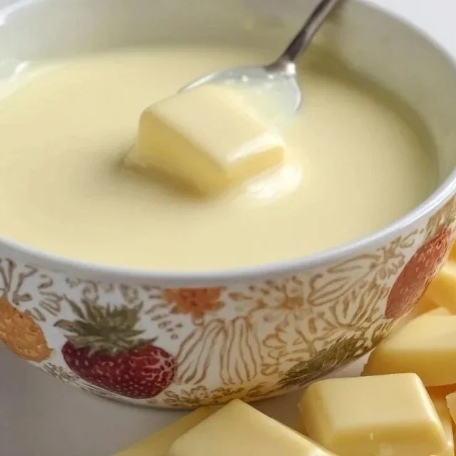 Delicious white chocolate fondue served with fruits and dessert dippers