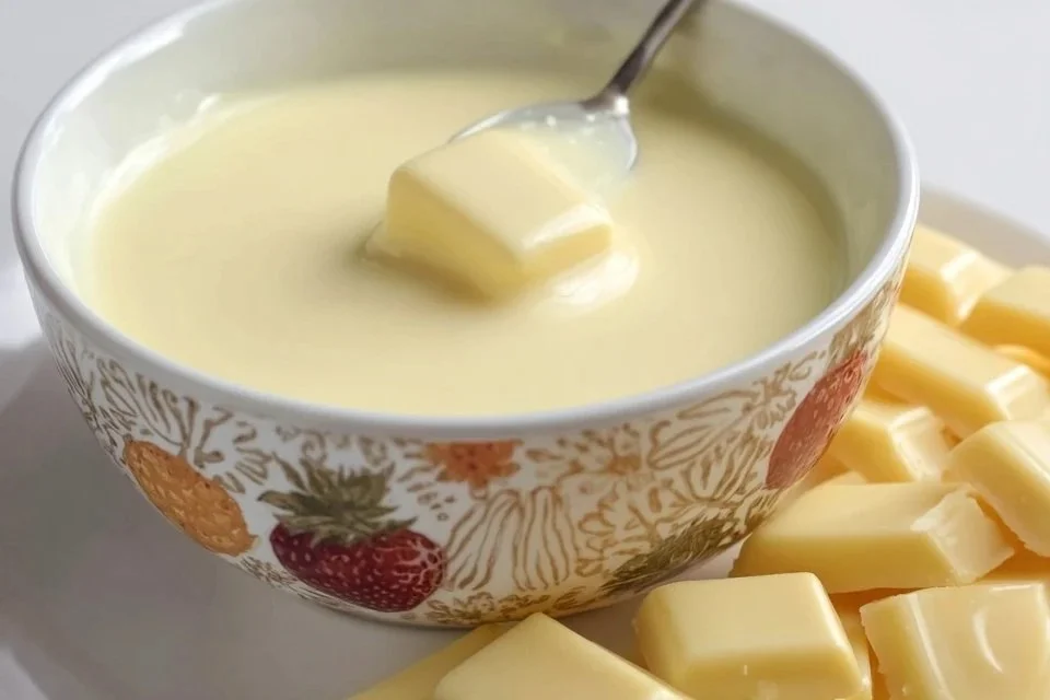 Delicious white chocolate fondue served with fruits and dessert dippers