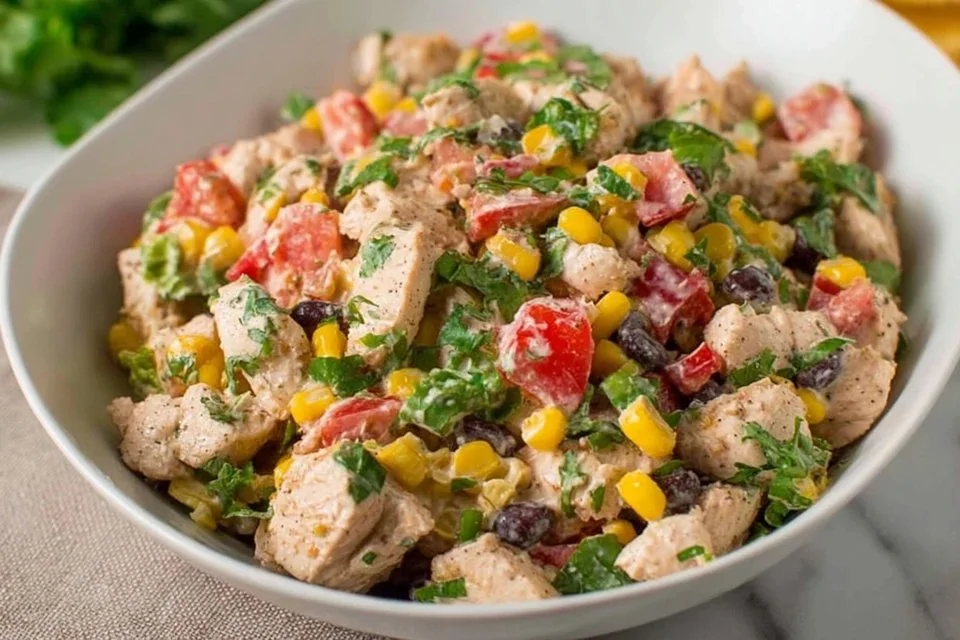 Quick Mexican inspired chicken salad with vibrant ingredients and flavors