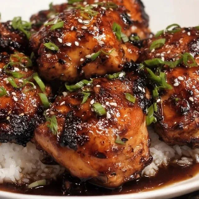 Baked chicken thighs in honey soy sauce served with vegetables