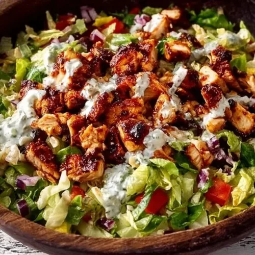 BBQ Chicken Chopped Salad with Cilantro Ranch dressing and colorful vegetables