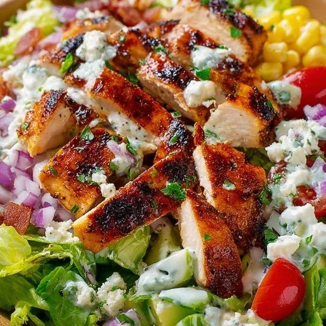 Delicious BBQ Chicken Salad topped with fresh vegetables and smoky dressing