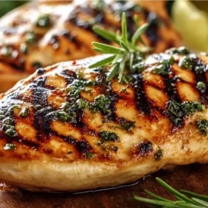 Delicious grilled chicken breast served with fresh vegetables on a plate.
