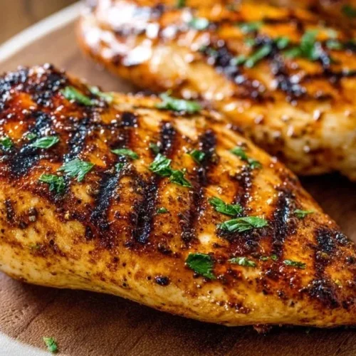 A perfectly grilled chicken breast shown on a plate with fresh herbs