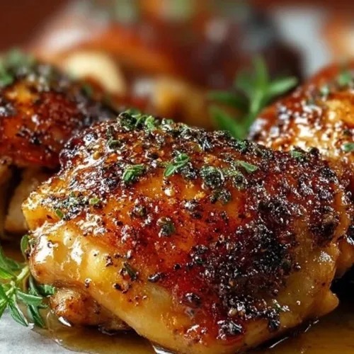 Delicious oven baked chicken thighs garnished with herbs