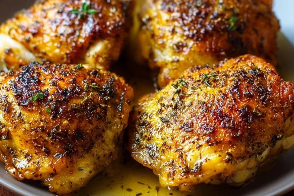 Baked boneless chicken thighs served with vegetables