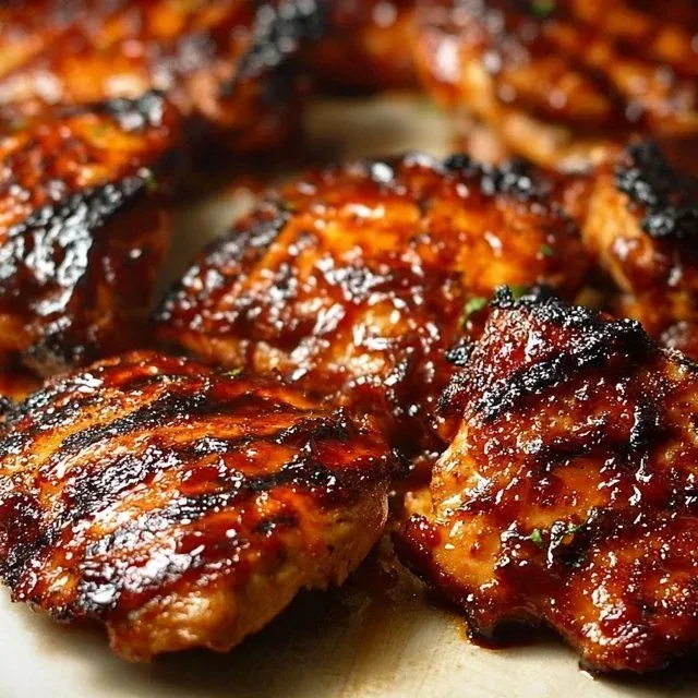 Caramelized BBQ chicken thighs grilled to perfection with a smoky glaze.