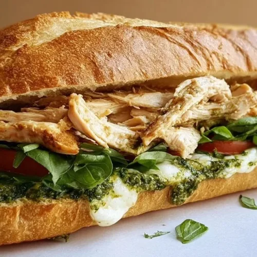 Delicious homemade Chicken Pesto Sandwich on a wooden board