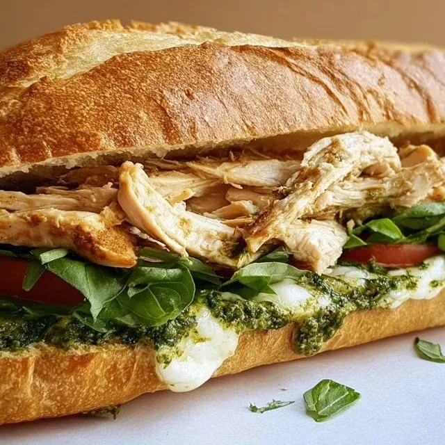 Delicious homemade Chicken Pesto Sandwich on a wooden board