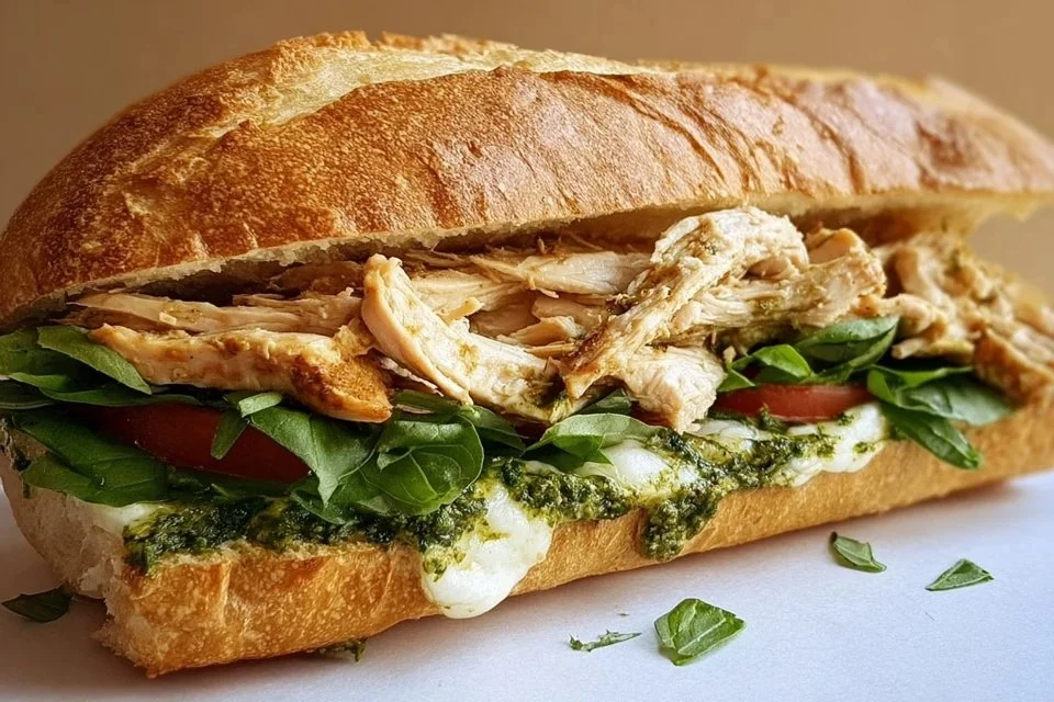 Delicious homemade Chicken Pesto Sandwich on a wooden board